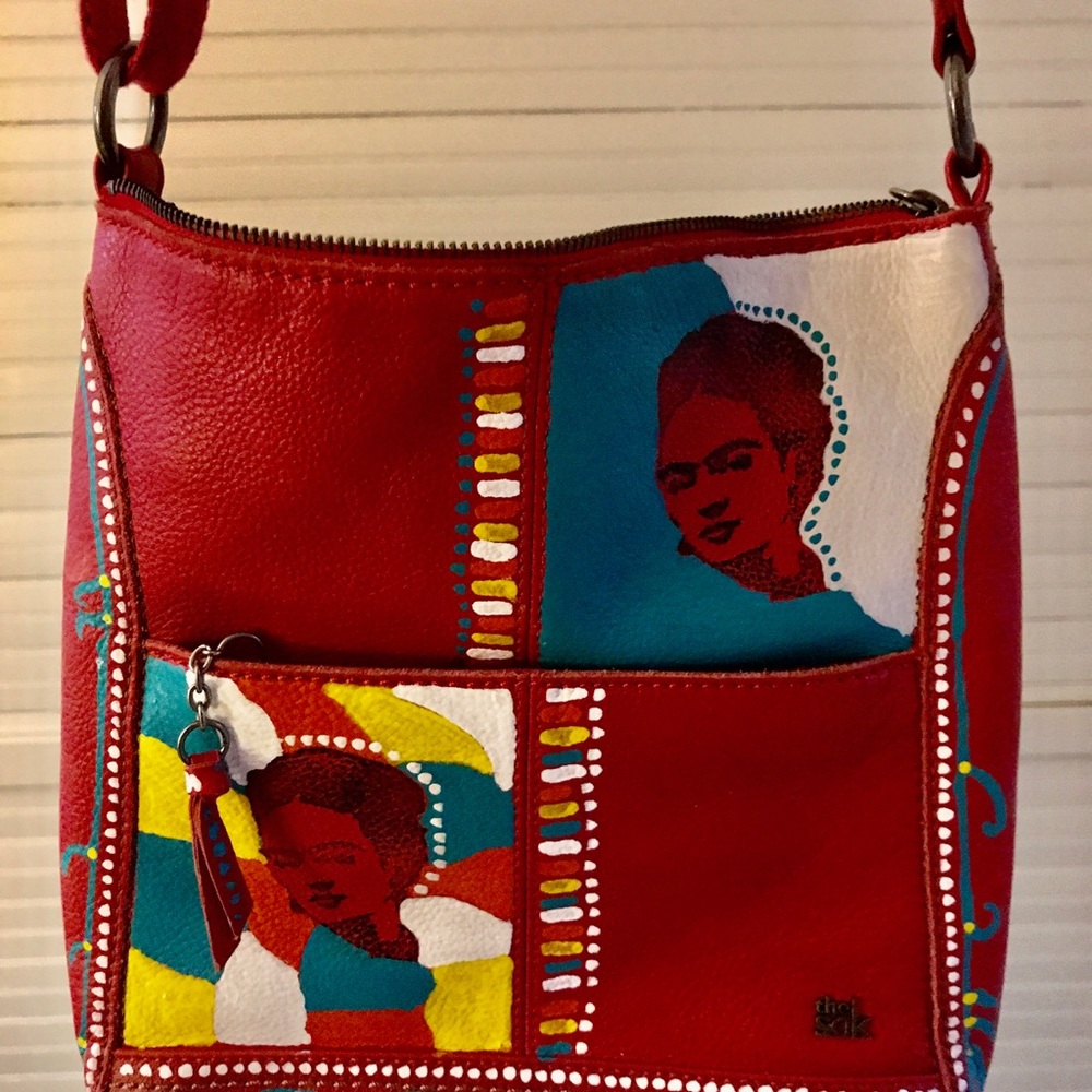 Frida Kahlo hand painted red leather handbag. Shoulder bag.